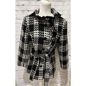 White House Black Market Coat Women Black White Belted Button Houndstooth Large